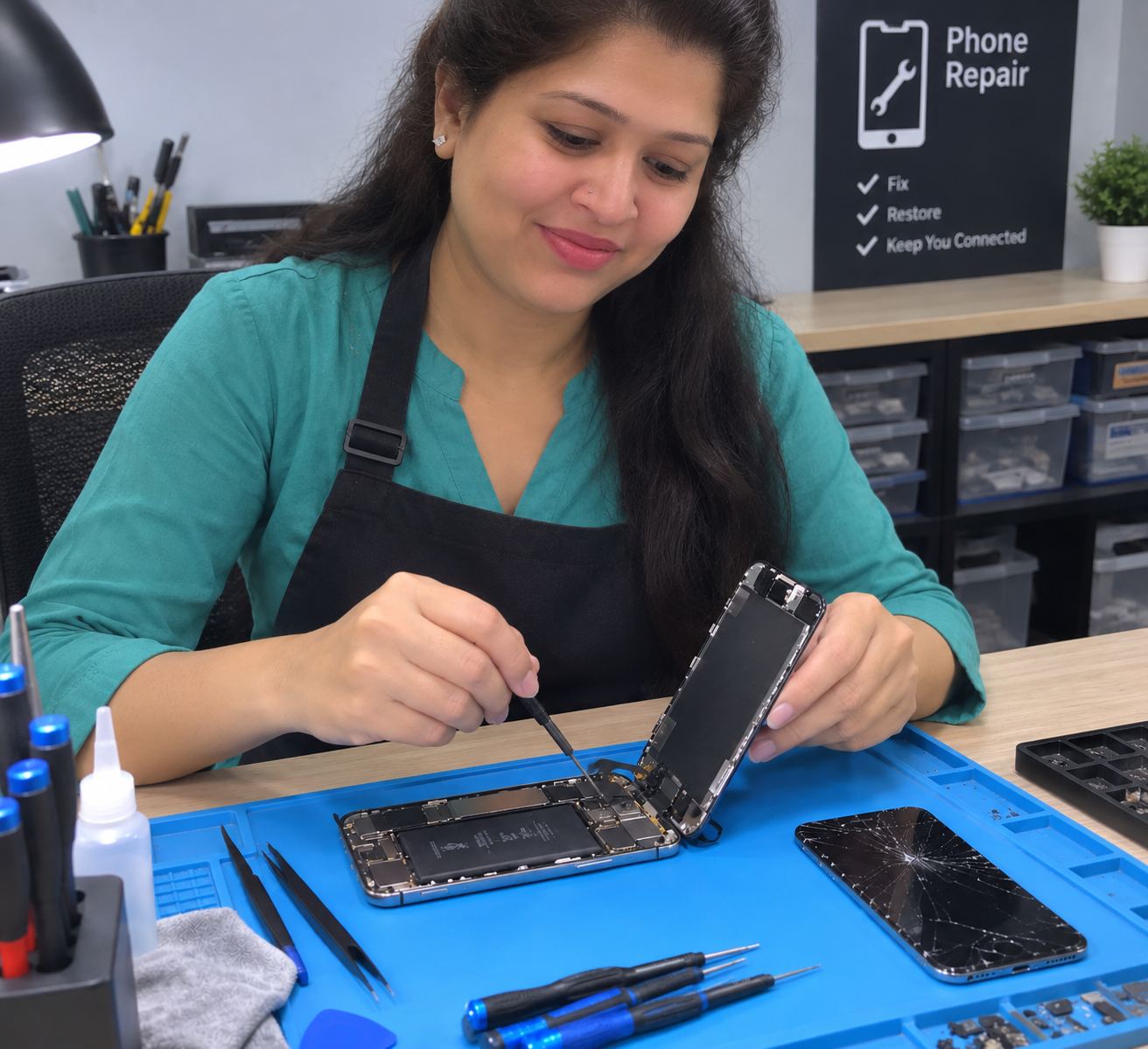 Certified woman technician replacing a cracked iPhone screen at a customer's home in Milton